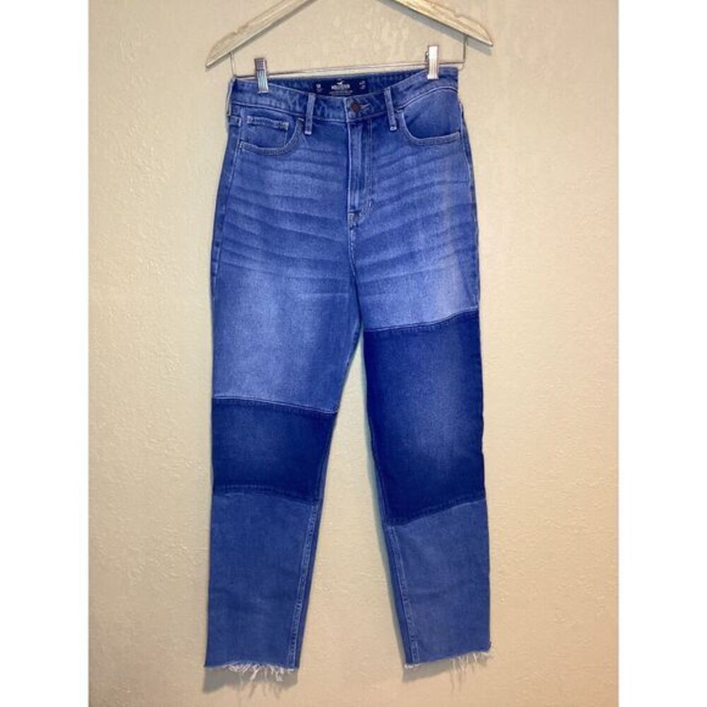 Hollister‎ Ultra High-Rise Mom Jean, Patchwork Color Block with Raw Hem, Size 27